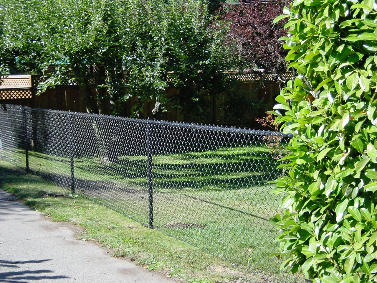 Completed black chain-link fence along a landscaped property